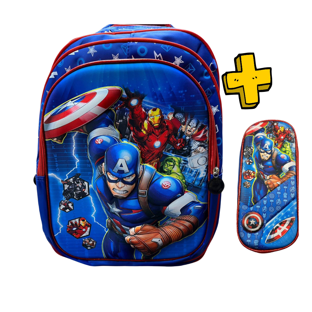 Mochila Escolar + Cartuchera, Varios Personajes, Estampa 3d