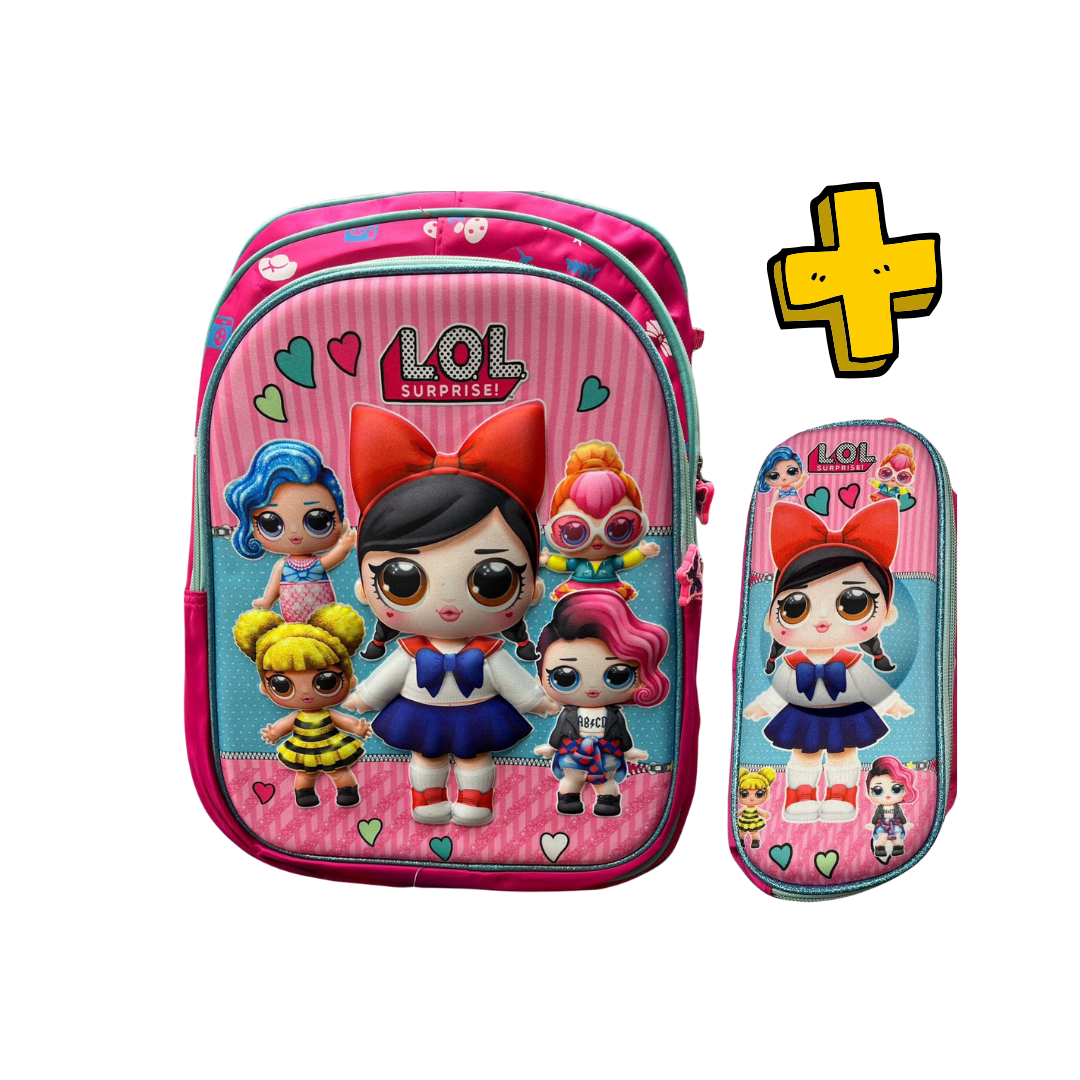 Mochila Escolar + Cartuchera, Varios Personajes, Estampa 3d