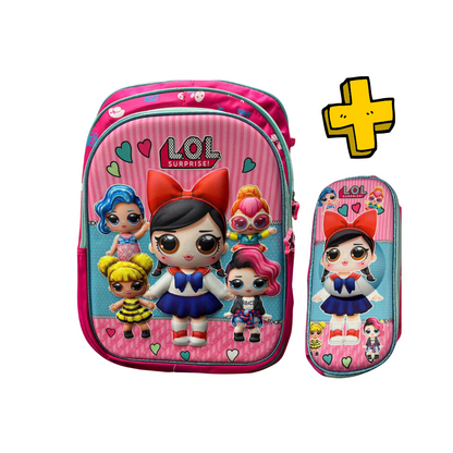 Mochila Escolar + Cartuchera, Varios Personajes, Estampa 3d
